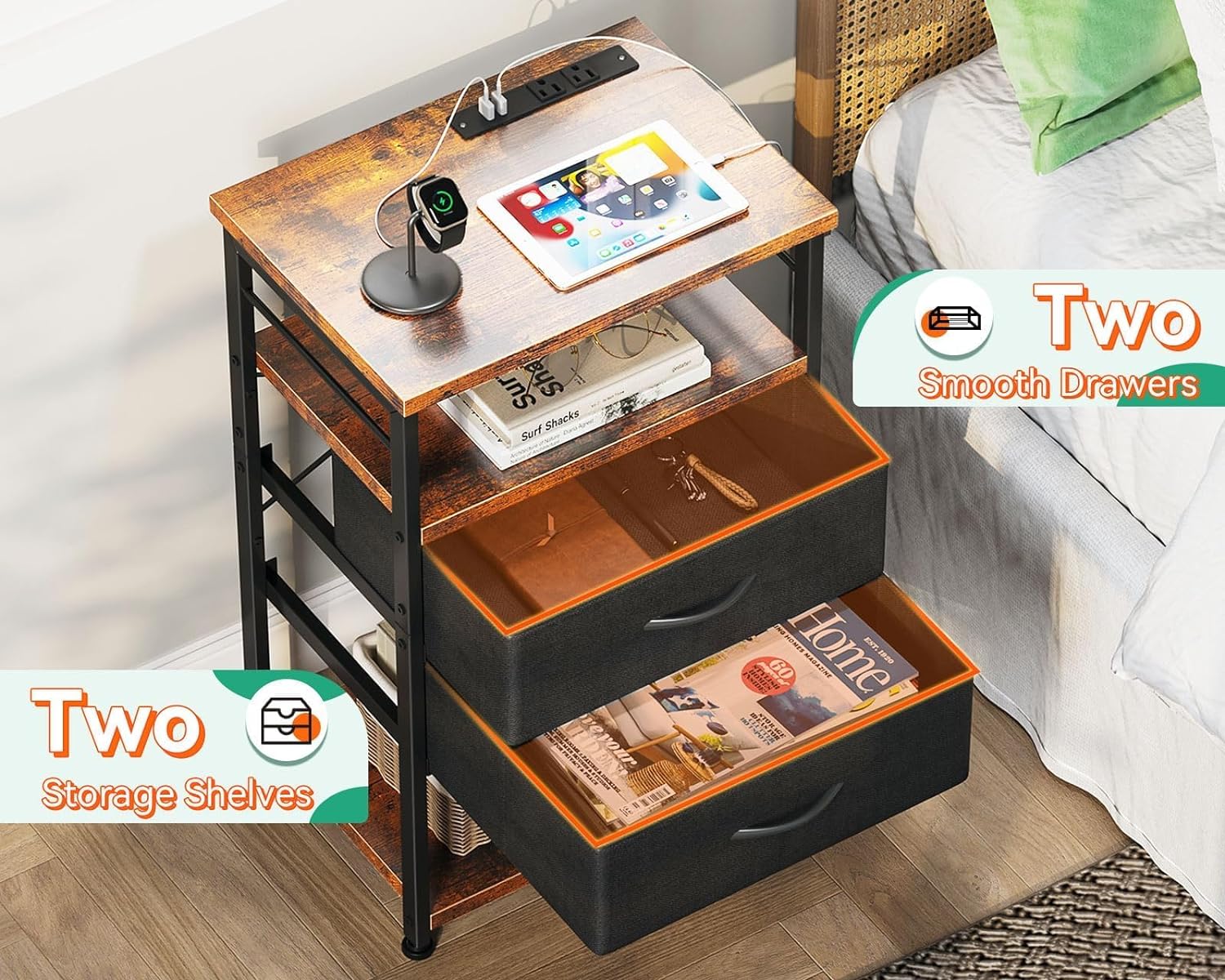 AODK Night Stand with Charging Station, End Table for Bedroom Tall Nightstand with Drawers, Small Nightstand for Bedroom, 4-Tier Storage Bedside Table, Vintage and Black - Image 5