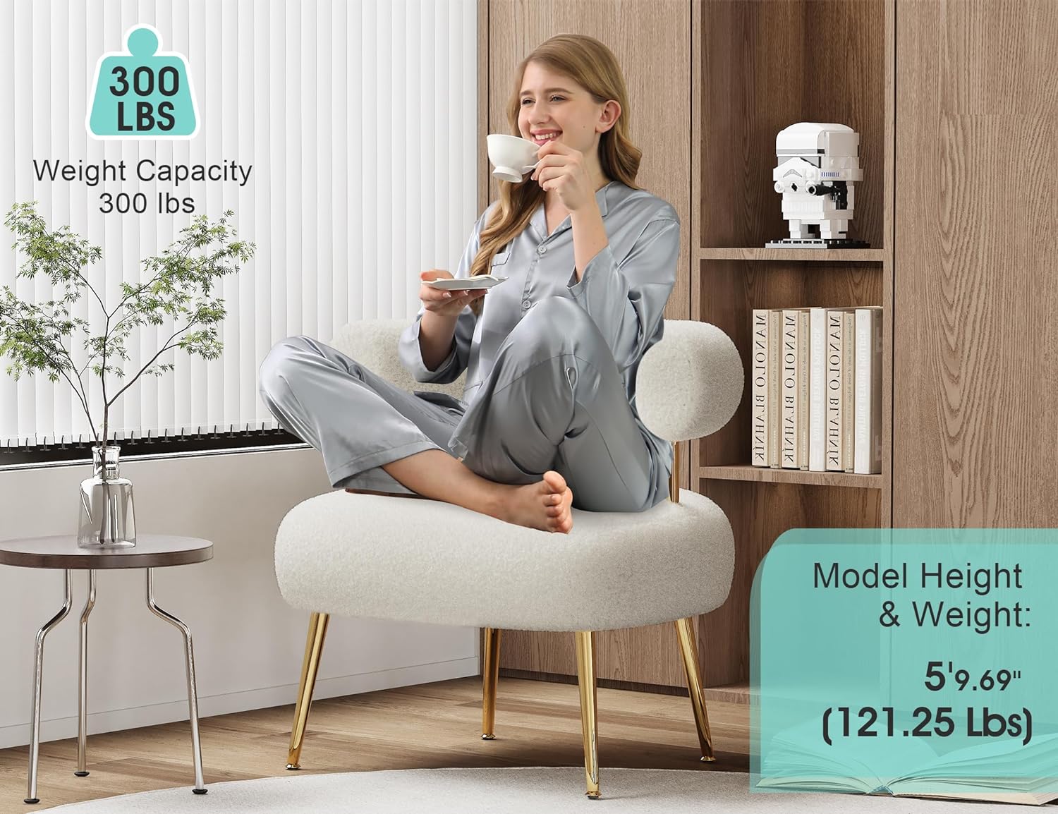 SEYNAR Mid Century Sherpa Boucle Accent Chair, Round Upholstered Barrel Arm Chair for Small Spaces, Fluffy Side Corner Sofa Chair for Living Room, Bedroom, Vanity, Office, Reading Nook(Cream White) - Image 3