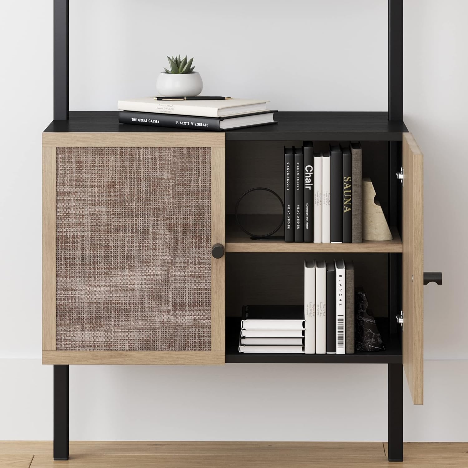 Nathan James Theo Modern Bookcase with Rattan Cabinet in Matte Black and Light Oak Finish with Matte Black Metal Frame for Living Room, Home Office Storage - Image 5