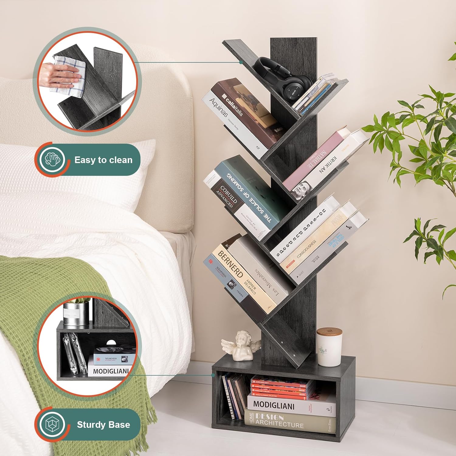 Yoobure Tree Bookshelf - 6 Shelf Retro Floor Standing Bookcase, Tall Wood Book Storage Rack for CDs/Movies/Books, Utility Book Organizer Shelves for Bedroom, Living Room, Home Office, Dark Grey - Image 6