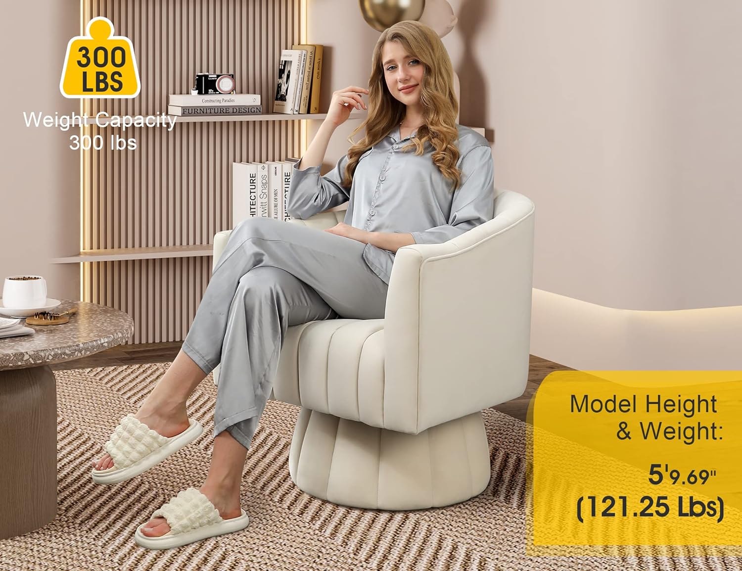 Dewhut Mid Century 360 Degree Swivel Cuddle Barrel Accent Sofa Chairs, Round Armchairs with Wide Upholstered, Fluffy Velvet Fabric Chair for Living Room, Bedroom, Office, Waiting Rooms, (Beige) - Image 2