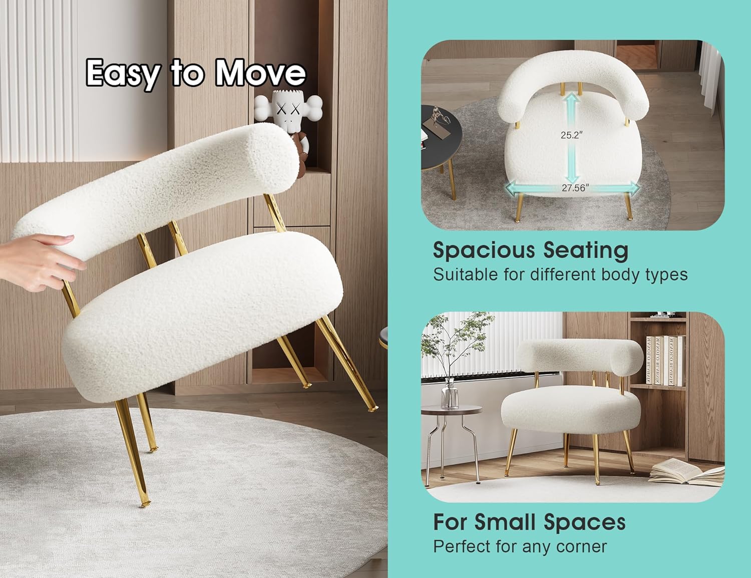 SEYNAR Mid Century Sherpa Boucle Accent Chair, Round Upholstered Barrel Arm Chair for Small Spaces, Fluffy Side Corner Sofa Chair for Living Room, Bedroom, Vanity, Office, Reading Nook(Cream White) - Image 6