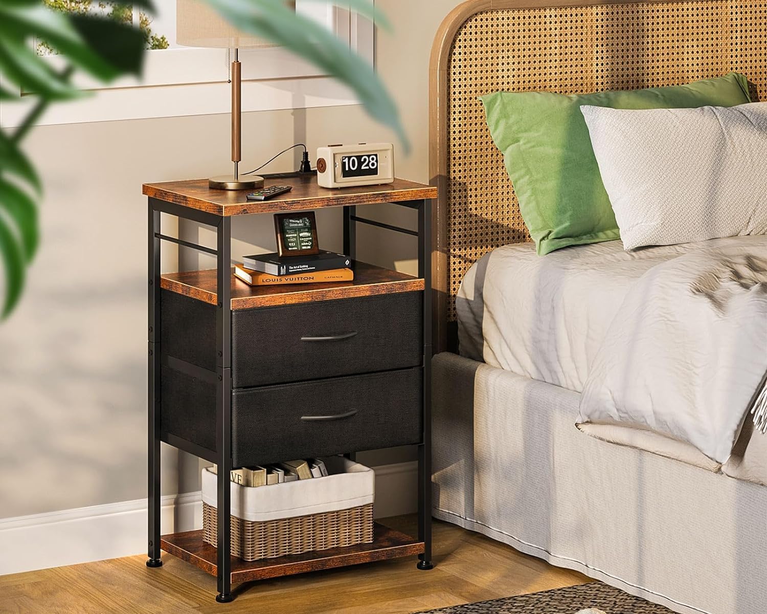 AODK Night Stand with Charging Station, End Table for Bedroom Tall Nightstand with Drawers, Small Nightstand for Bedroom, 4-Tier Storage Bedside Table, Vintage and Black - Image 2