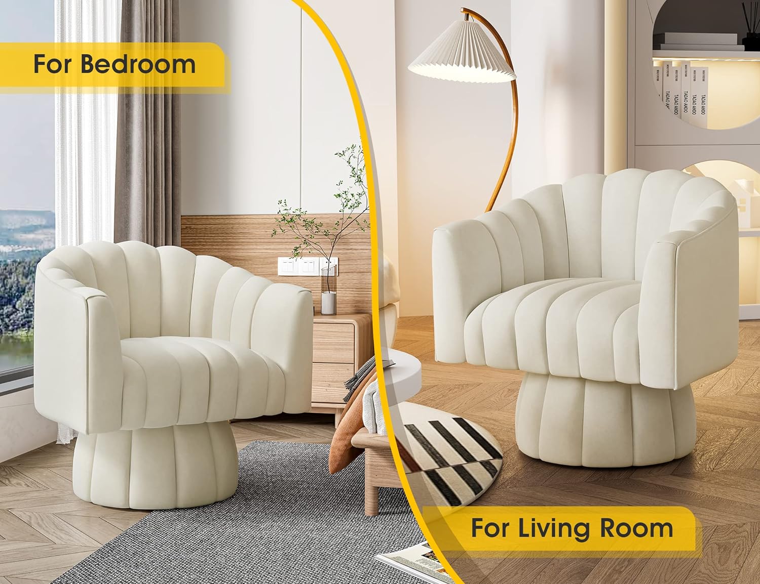 Dewhut Mid Century 360 Degree Swivel Cuddle Barrel Accent Sofa Chairs, Round Armchairs with Wide Upholstered, Fluffy Velvet Fabric Chair for Living Room, Bedroom, Office, Waiting Rooms, (Beige) - Image 3