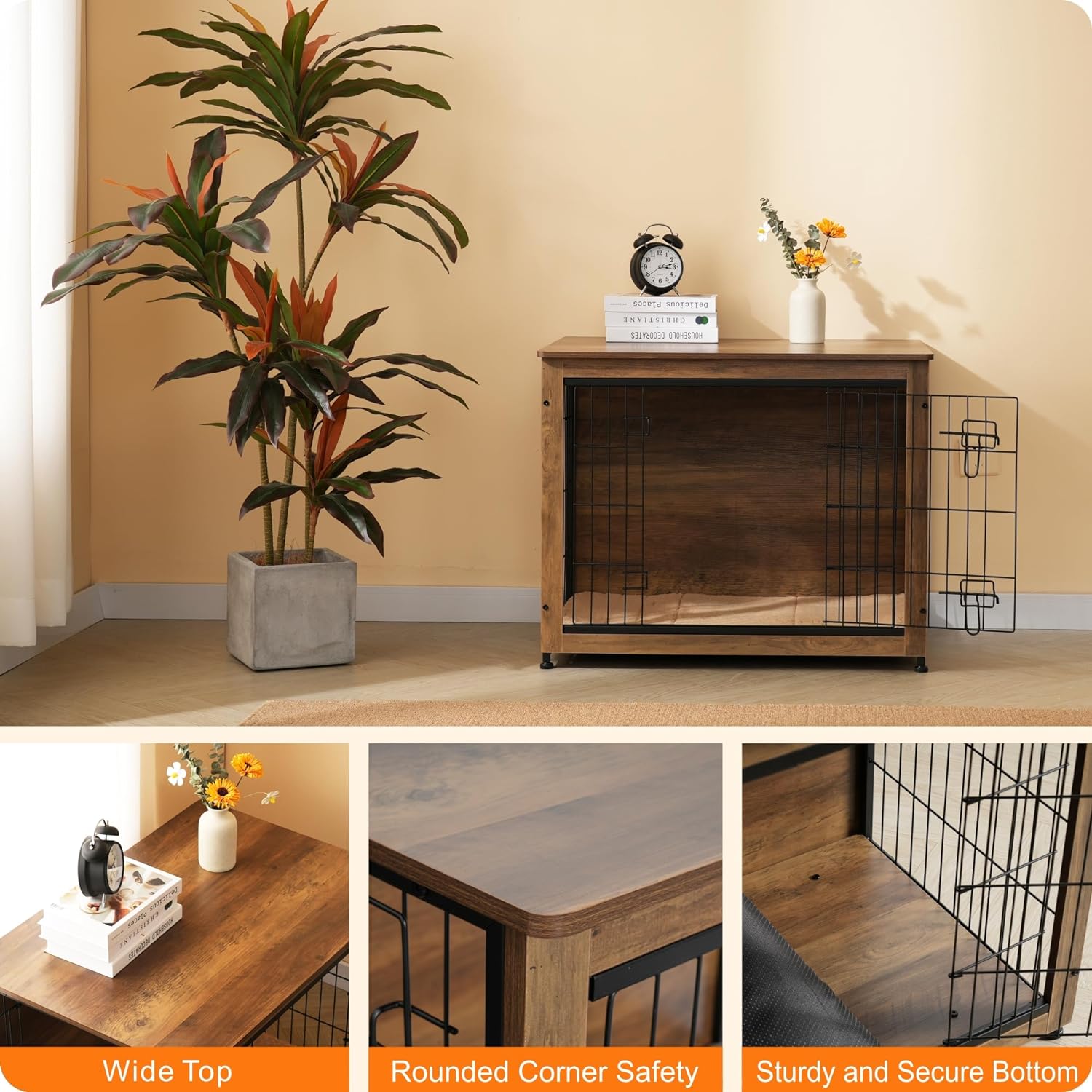 DWANTON Dog Crate Furniture with Cushion, Wooden Dog Crate with Double Doors, Dog Furniture, Indoor Dog Kennel,End Table, Medium, 32.5" L, Warm Brown - Image 6