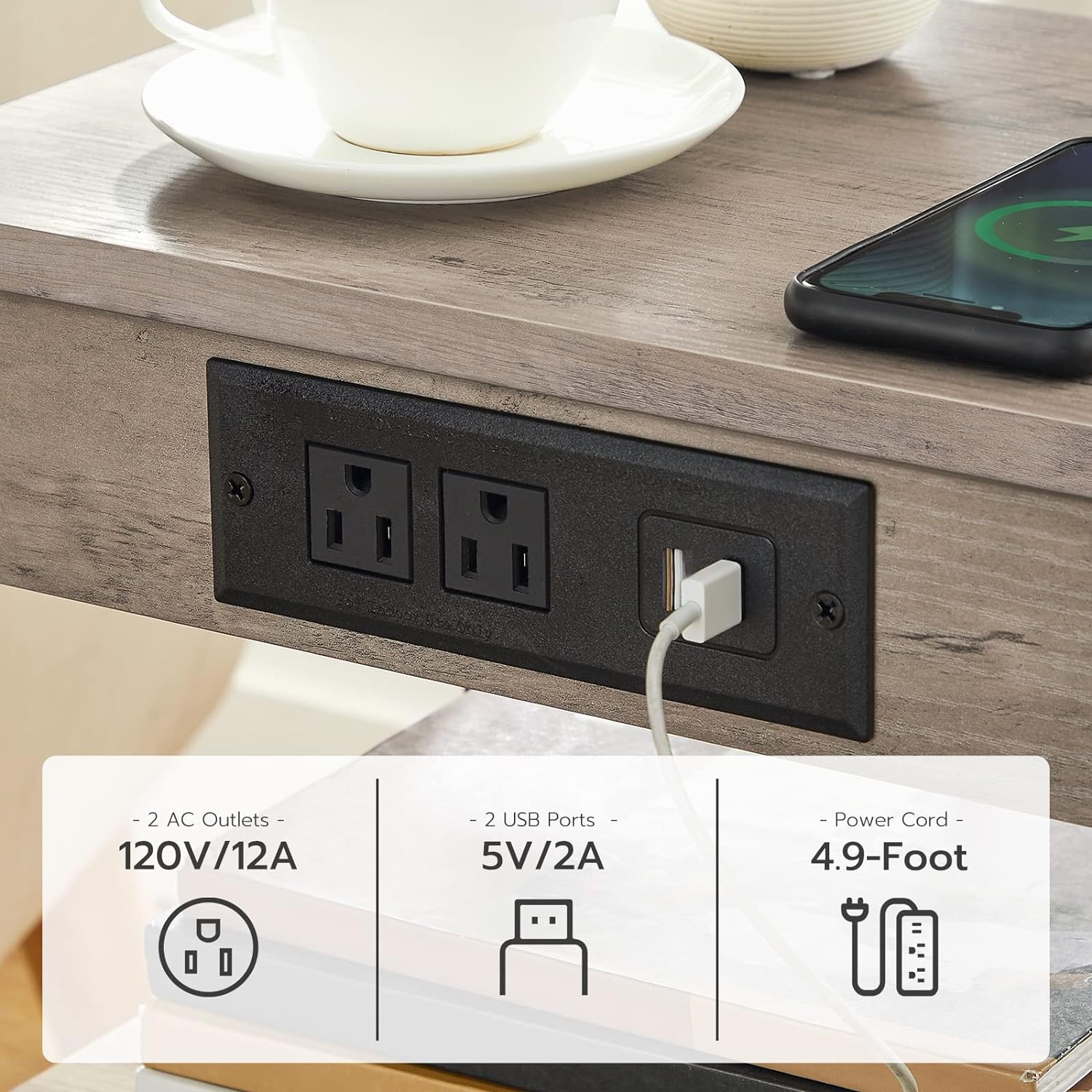 HOOBRO End Tables Set of 2 with Charging Station and USB Ports, 3-Tier Nightstands with Adjustable Shelves, Narrow Side Tables for Small Space in Living Room, Bedroom and Balcony, Greige BG112BZP201 - Image 4
