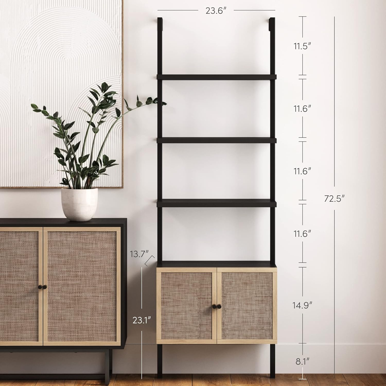 Nathan James Theo Modern Bookcase with Rattan Cabinet in Matte Black and Light Oak Finish with Matte Black Metal Frame for Living Room, Home Office Storage - Image 4