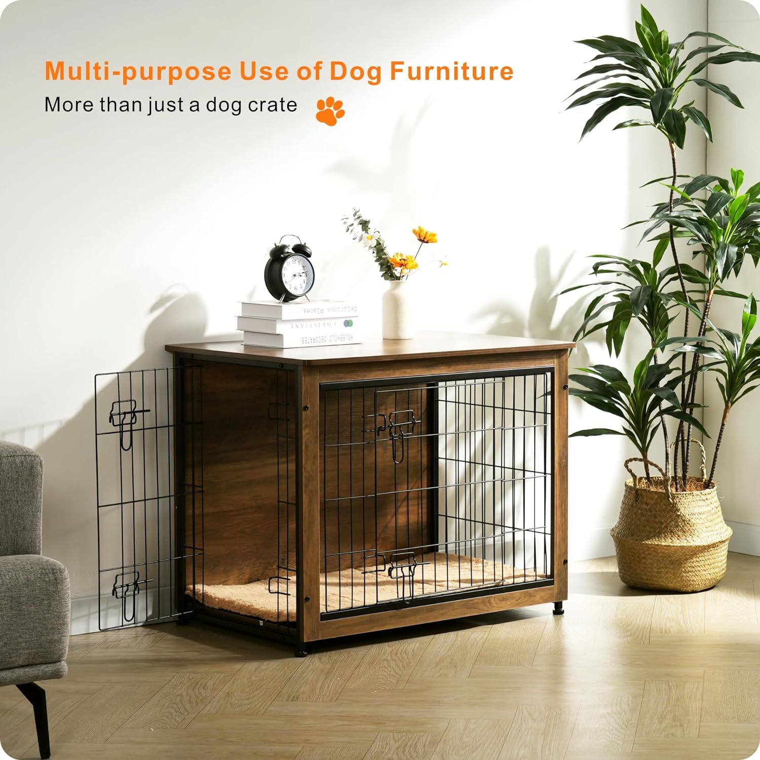 DWANTON Dog Crate Furniture with Cushion, Wooden Dog Crate with Double Doors, Dog Furniture, Indoor Dog Kennel,End Table, Medium, 32.5" L, Warm Brown - Image 8