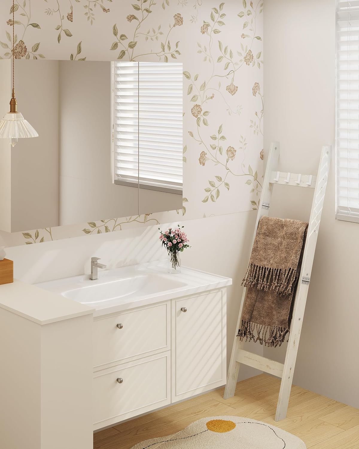 Hzuaneri Blanket Ladder Shelf for Living Room, Decorative Wood Quilt Rack with 4 Removable Hooks, 5-Tier Farmhouse Ladder Holder Organizer for Bedroom, Rustic White BR02114W - Image 6