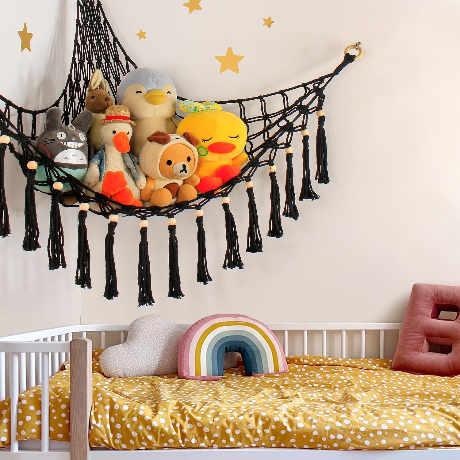 Stuffed Animal Net or Hammock - Hanging Stuffed Animal Hammock Storage - Toy Hammock Holder Boho Wall Corner Hammock Organizer inc LED Light and Hooks, Black - Image 7