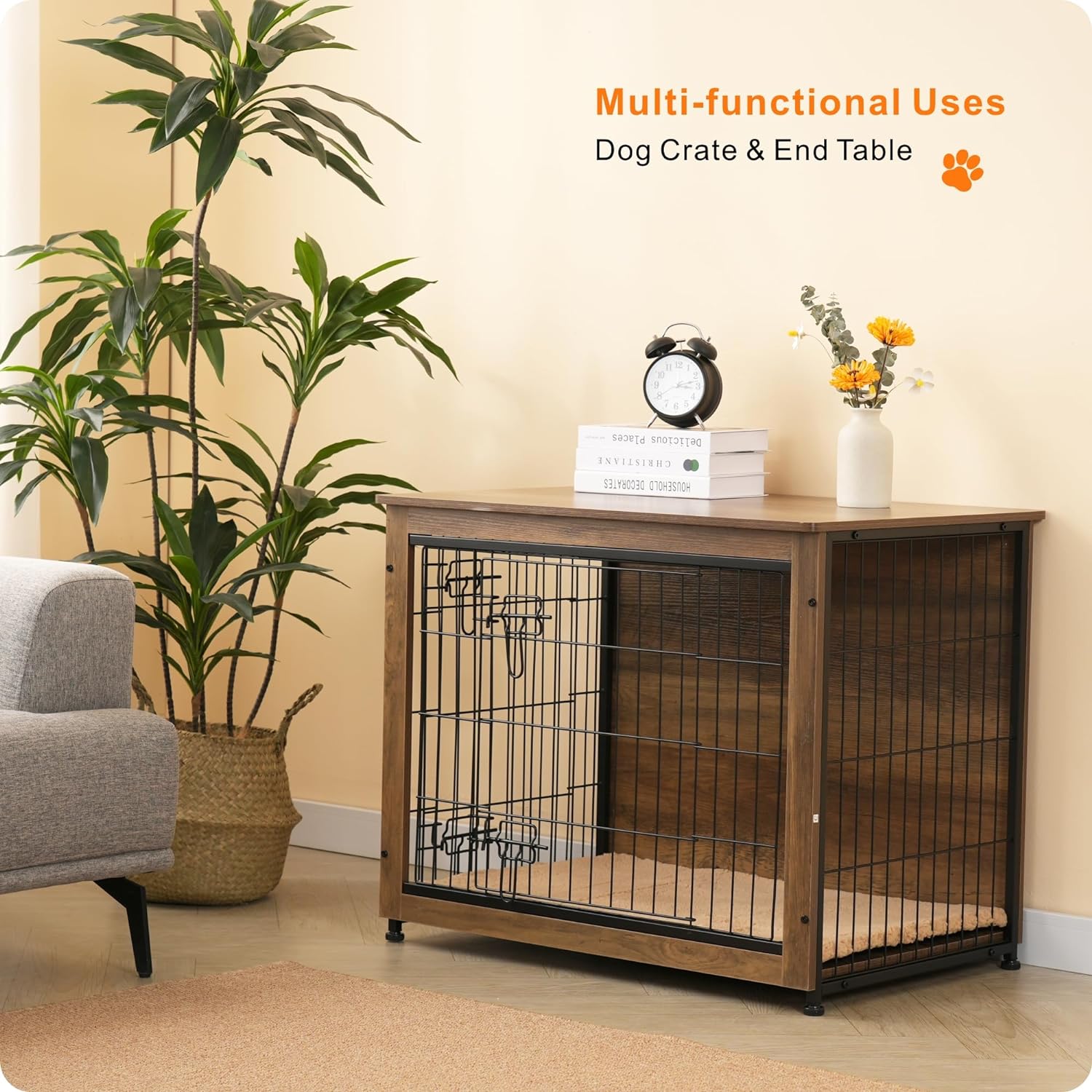 DWANTON Dog Crate Furniture with Cushion, Wooden Dog Crate with Double Doors, Dog Furniture, Indoor Dog Kennel,End Table, Medium, 32.5" L, Warm Brown - Image 7