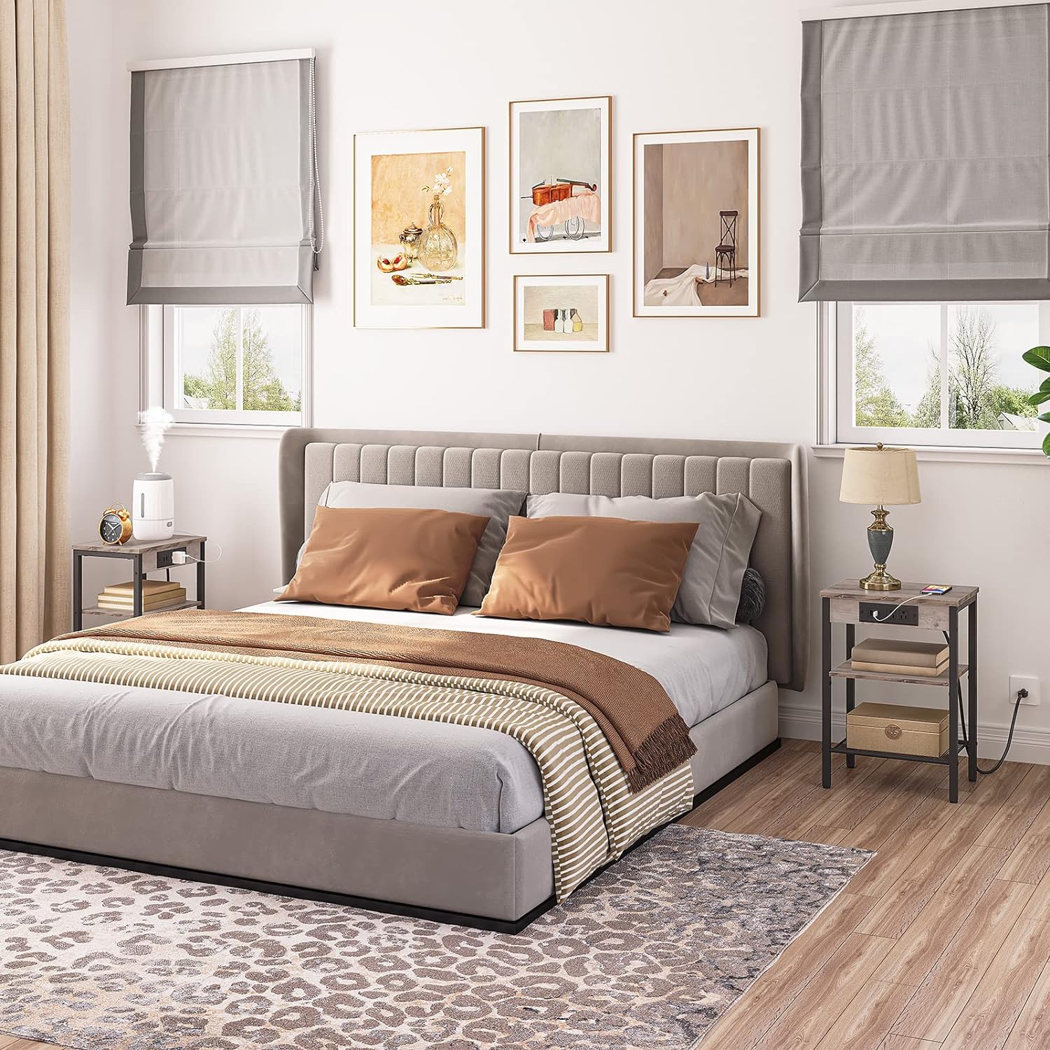 HOOBRO End Tables Set of 2 with Charging Station and USB Ports, 3-Tier Nightstands with Adjustable Shelves, Narrow Side Tables for Small Space in Living Room, Bedroom and Balcony, Greige BG112BZP201 - Image 5