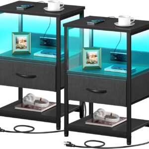 Seventable Nightstand Set of 2, LED Bedside Tables with Charging Station and Fabric Drawer, Night Stand with Storage, 3 Tier Bed Side End Table with Open Shelf for Bedroom, Living Room, Black