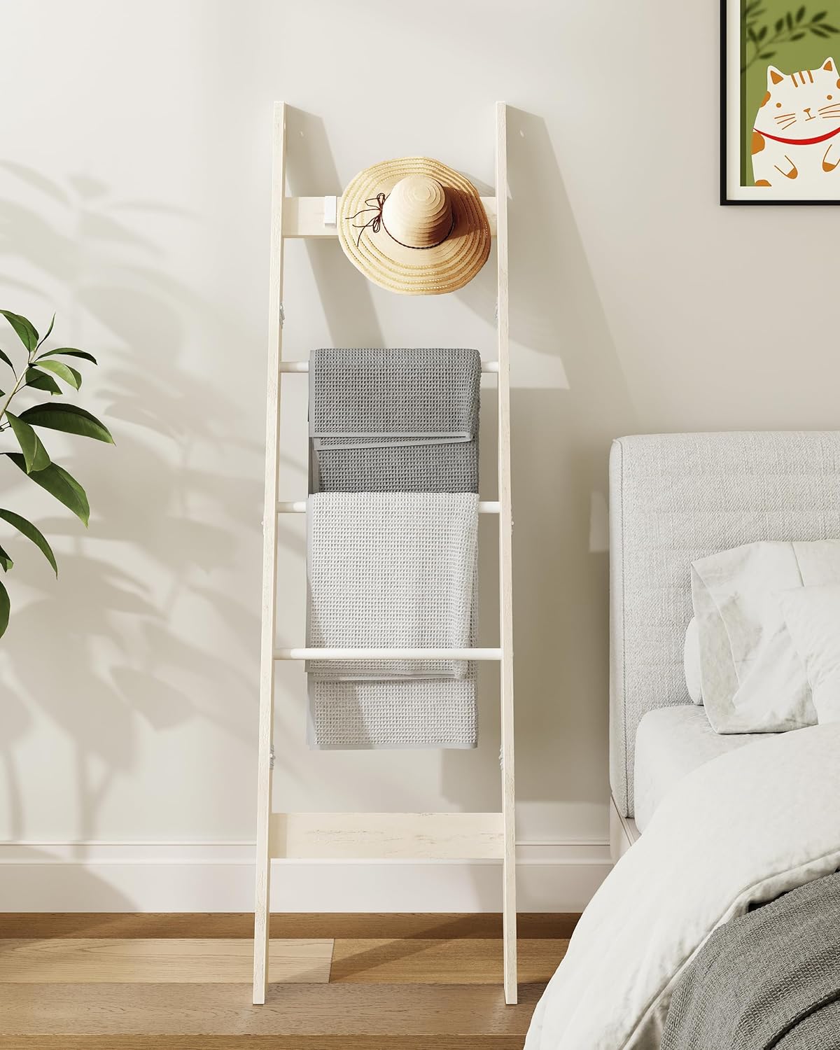 Hzuaneri Blanket Ladder Shelf for Living Room, Decorative Wood Quilt Rack with 4 Removable Hooks, 5-Tier Farmhouse Ladder Holder Organizer for Bedroom, Rustic White BR02114W - Image 5
