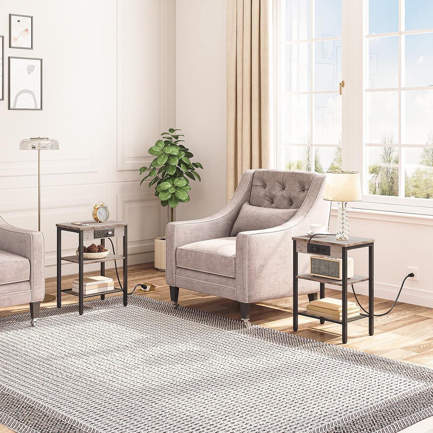 HOOBRO End Tables Set of 2 with Charging Station and USB Ports, 3-Tier Nightstands with Adjustable Shelves, Narrow Side Tables for Small Space in Living Room, Bedroom and Balcony, Greige BG112BZP201 - Image 2