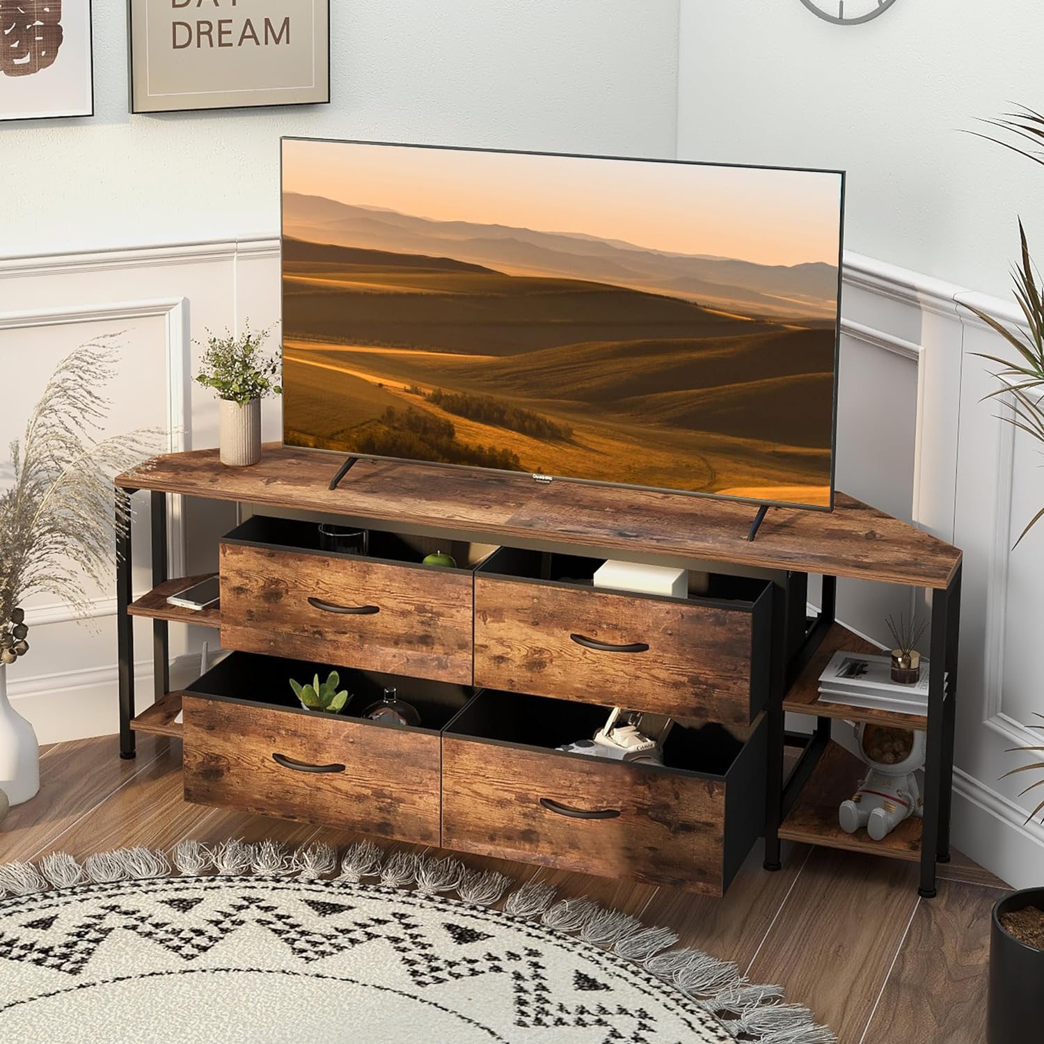 EXOTICA Corner TV Stand for Living Room with 4 Drawers and Power Outlet Industrial Corner Entertainment Center for TVs up to 65 Inches Farmhouse Corner Console Table with 4 Open Storage for Bedroom - Image 6