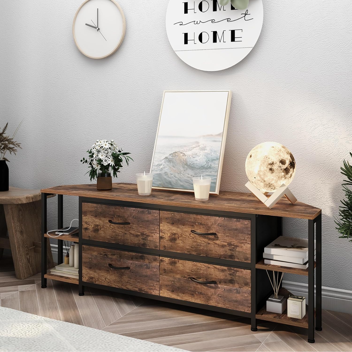 EXOTICA Corner TV Stand for Living Room with 4 Drawers and Power Outlet Industrial Corner Entertainment Center for TVs up to 65 Inches Farmhouse Corner Console Table with 4 Open Storage for Bedroom - Image 7