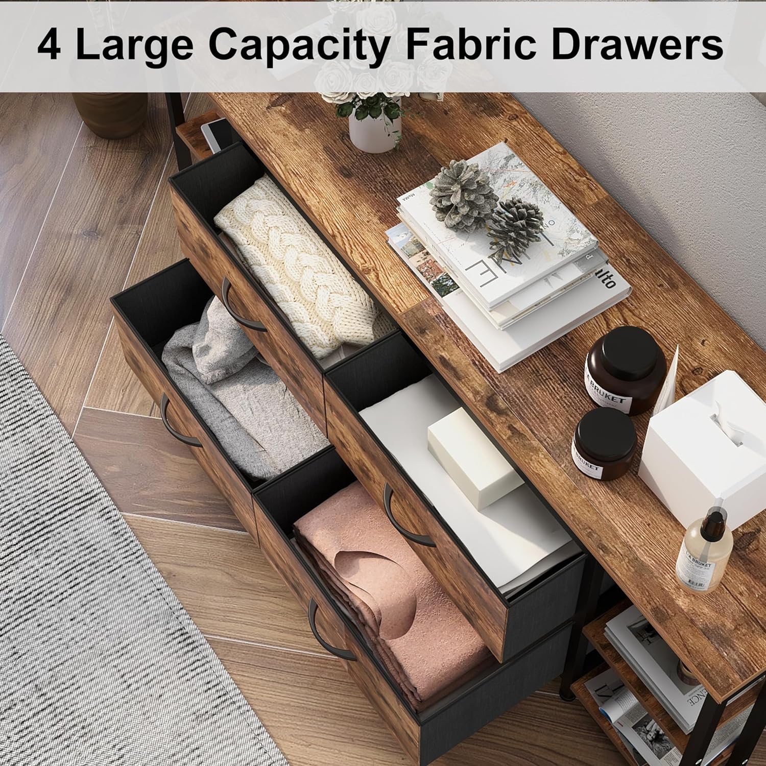 EXOTICA Corner TV Stand for Living Room with 4 Drawers and Power Outlet Industrial Corner Entertainment Center for TVs up to 65 Inches Farmhouse Corner Console Table with 4 Open Storage for Bedroom - Image 5