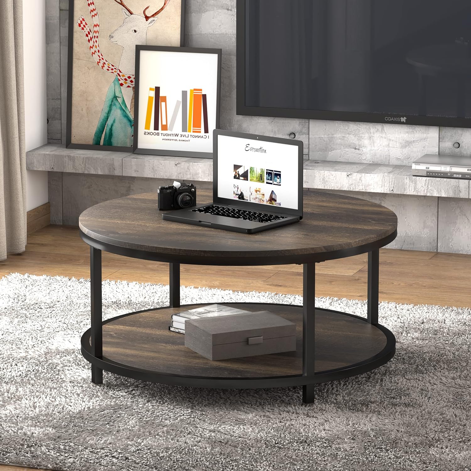 NSdirect 36 inches Round Coffee Table, Rustic Wooden Surface Top & Sturdy Metal Legs Industrial Sofa Table for Living Room Modern Design Home Furniture with Storage Open Shelf(Rustic Brown) - Image 3